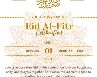 Puede incluir: Una invitación a una celebración virtual del Eid al-Fitr el 1 de abril de 2024 a las 10:00 AM. La invitación presenta un diseño rosa y dorado con patrones islámicos tradicionales y linternas.
