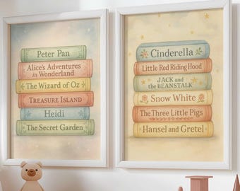 Decorazione murale con pila di libri di fiabe classiche / Duo di libri per la cameretta dei bambini / Cenerentola, Peter Pan, Oz / Decorazione stampabile digitale