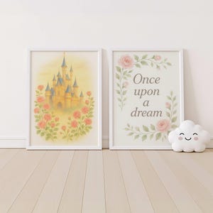 Sleeping Beauty Nursery Wall Art – 2 Printable Fairytale Prints | Castle at Sunrise + “Once Upon a Dream” Quote | Baby Girl Room Decor
