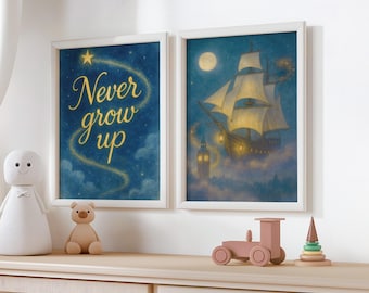Peter Pan Flying Ship & Never Grow Up Duo | Neverland Storybook Nursery Wall Art Set | Kids Room Prints | Printable Fairy Tale Decor