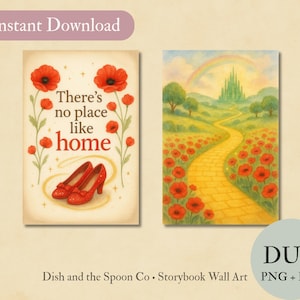 May include: A pair of wall art prints featuring scenes from The Wizard of Oz. One print shows red shoes and the text "There's no place like home." The other depicts a yellow brick road leading to the Emerald City, with a rainbow overhead.