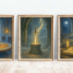 May include: Set of three framed fantasy art prints. One depicts a round table with a crown and chalice, another shows a glowing sword in stone, and the last features a wizard's hat, owl, and open book. The artwork has a medieval theme.