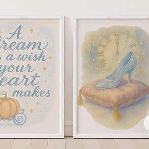 Assepoester kinderkamer muurkunst set – Afdrukbare prinses babykamerdecoratie | Glazen muiltje en inspirerende quote digitale download