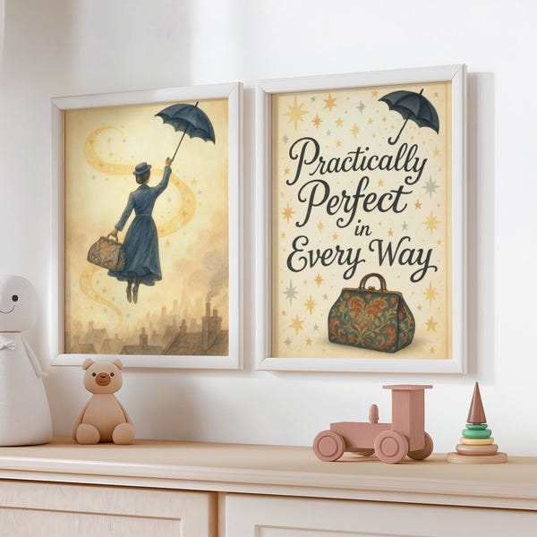 Mary Poppins Nursery Wall Art Duo • Practically Perfect Quote Print Set • Storybook Watercolour Decor for Girls Room