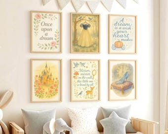 Quadri da parete per la cameretta delle principesse / Stampe di Biancaneve, Cenerentola e La Bella Addormentata / Decorazioni per la cameretta delle bambine ispirate alle fiabe / Download immediato