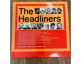 May include: A red and white record album cover with the title "The Headliners" in large, bold, white letters. The cover features a collage of black and white photos of singers and musicians, including Brook Benton, The Brothers Four, Johnny Cash, and The Dave Brubeck Quartet. The album is a limited edition available to club members only.