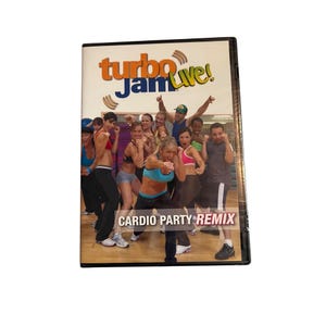 May include: A Turbo Jam Live! Cardio Party Remix DVD case. The cover shows a group of people in workout clothes, demonstrating fitness moves. The title is in orange and blue, with "Cardio Party Remix" written below.