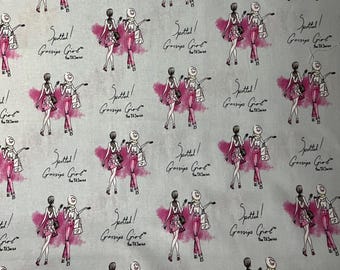 Könnte beinhalten: Stoff mit sich wiederholendem Muster aus Modeillustrationen in Rosa und Schwarz. Die Illustrationen zeigen zwei Figuren, eine im Kleid und die andere in Hosen, die Einkaufstaschen tragen. Der Text "Spotted! Gossip Girl" ist ebenfalls vorhanden.