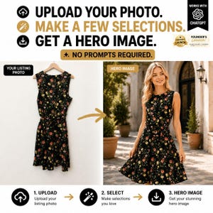 May include: A black sleeveless dress with a colorful floral pattern. The image displays a process: UPLOAD YOUR PHOTO, MAKE A FEW SELECTIONS, GET A HERO IMAGE. NO PROMPTS REQUIRED. It shows the dress on a hanger and then worn by a person.