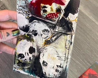 Abstract Portrait Art Print. outsider art, devil girl and skulls, art brut, dark art, art brut, playful childlike art, creepy cute, goth