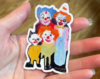 Creepy Cute Clown Vinyl Sticker, circus freak family portrait, crude things art brut monster, skate board sticker, goth collectible sticker