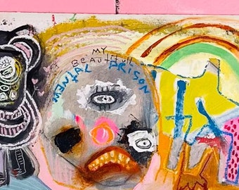 Abstract Painting, original outsider art, playful monster figures, over couch wall art, dreamlike surreal, primitive Art Brut, expressionist