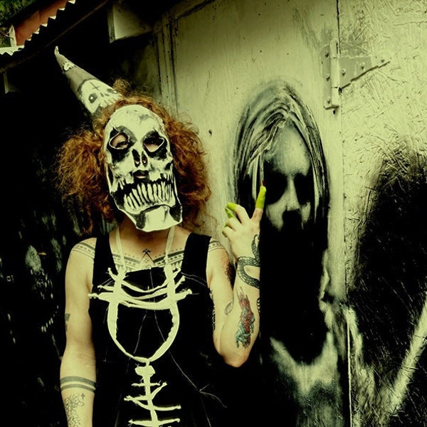 Primitive Halloween Skeleton Masks, creepy painted fabric skull mask, vintage style carnival mask, scary mask, crude things