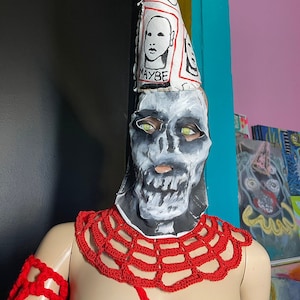 Primitive Halloween Clown Masks, creepy rosie cheeks doll mask, vintage style carnival mask, scary mask, crude things, ouchies band aid