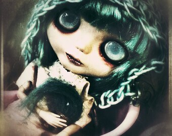 Gothic Doll Photography, Dark Photo Print, 4x4 8x8 Art  Blythe Portrait Fine Art strange Photography. Home Decor