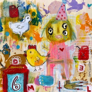 Verspielter abstrakter Kunstdruck. Außenseiter, Artbrut, süsses Huhn, Wandkunst, Kinderzimmer, kindliche Wandkunst