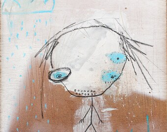 May include: A simple line drawing of a person with blue eyes and a cloud raining blue raindrops. The drawing is on a brown background with the word "wet" written in blue at the bottom.