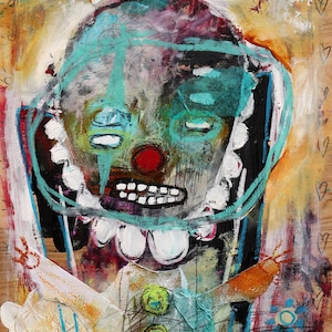 Resumen de arte de retrato payaso impresión. arte brut, arte de pared colorido, arte extraño. decoración casera extraña, arte oscuro, arte popular, arte expresionista