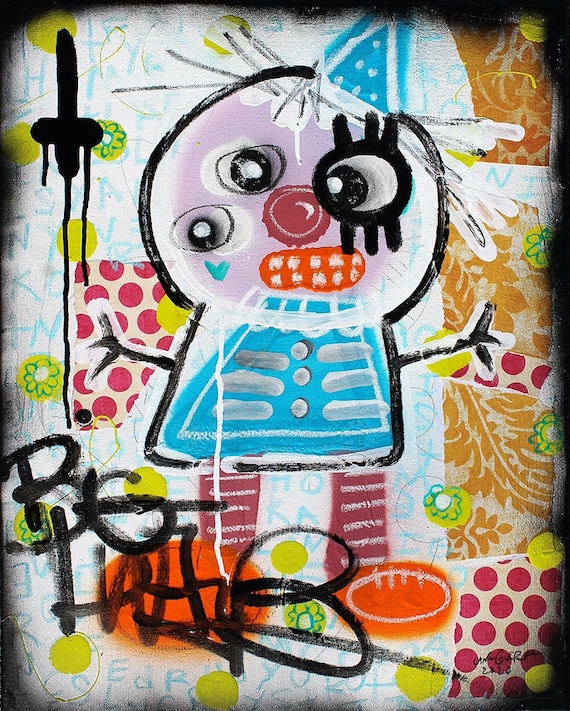 Childlike Art Print. raw outsider art, creepy cute clown portrait, crude things graffiti style, messy art, kunst art, weird mancave wall art
