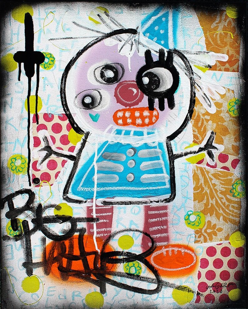 May include: A colorful abstract painting of a cartoon character with a large eye, a blue dress, and a red nose. The character is standing on a red and white patterned surface with a yellow and green background.