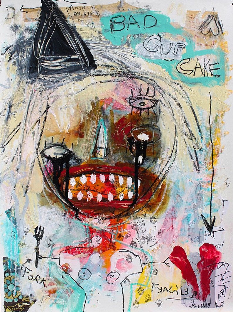 Abstract Portrait Painting Art Print. Sad Crying Face, Tears, Broken Heart, Eatting Food Modern