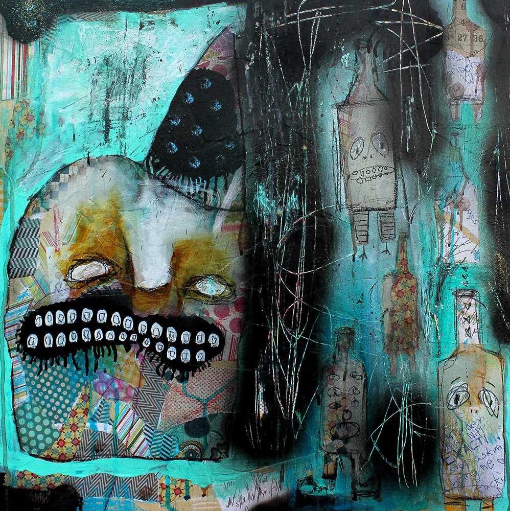 Abstract Portrait Art Print. dark art, outsider art, art brut, bottles, teeth, strange home decor, monster art, surrealism painting, raw art
