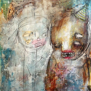 Retrato de payaso abstracto, impresión de arte original. Arte de la pared del Carnaval oscuro, arte caprichoso. figuras de títeres de circo, Arte Forastero, Arte crudo