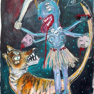 Abstract Portrait Art Print. Goddess Kali outsider art, art brut, raw art, kunst home decor, goth office wall art, tiger, crude things art