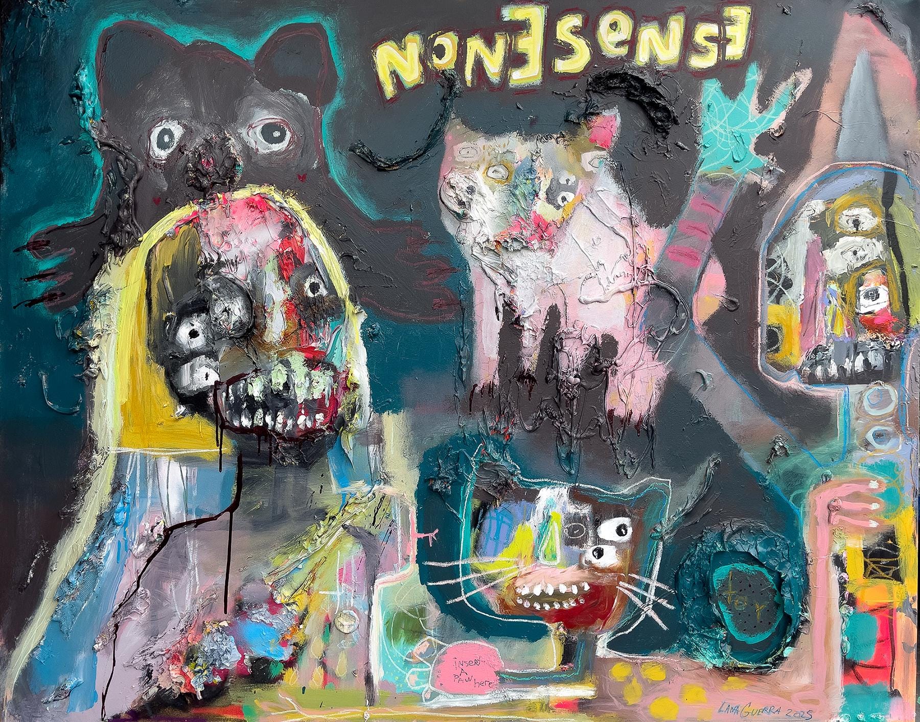 Abstract Portrait Art Print. outsider art, art brut, dark art, art brut. strange home décor, playful childlike art, creepy cute animals