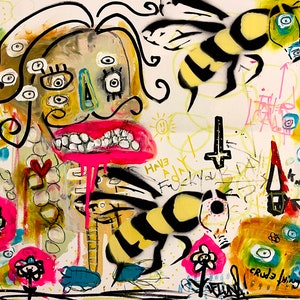 Graffiti Art Print. New Orleans  graff art print, colorful art brut print, gas mask bee stencil art, LeLuna Crude Things street art wall art