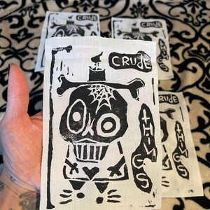 Candle Skull Fabric Patch. playful abstract monster, creepy cute block printed patch. goth trendy outsider art, art brut, cartoon skeleton