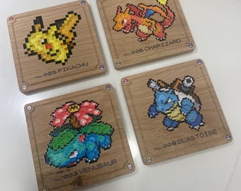 Posavasos personalizados con diseño pixel art / Madera de roble blanco con impresión UV (juego de 1, 2, 4 o 6 unidades)