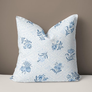 Grandmillennial Blue Floral Print Pillow • Cottagecore Throw Pillow • Vintage Style Accent Cushion for Home Decor