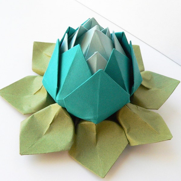 Origami Lotus Flower Decoration or Favor // Peacock, Robin's Egg Blue, and Moss Green