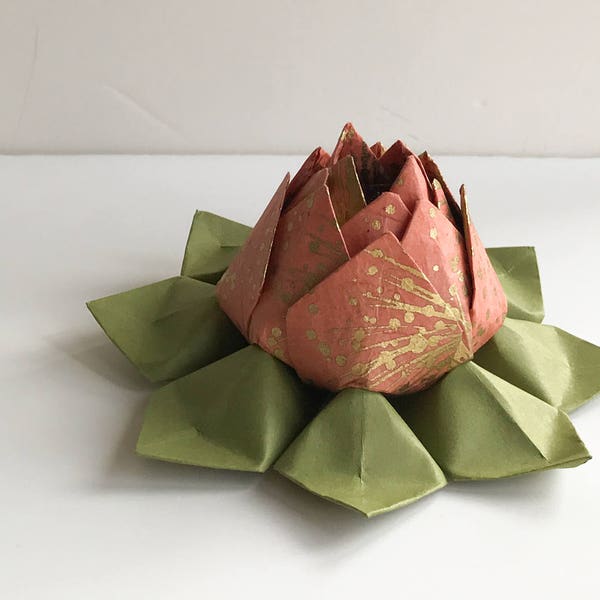 Handmade Paper Flower - Origami Lotus Flower - Coral, Metallic Gold, Moss Green -  Hostess gift, Birthday gift, Graduation gift