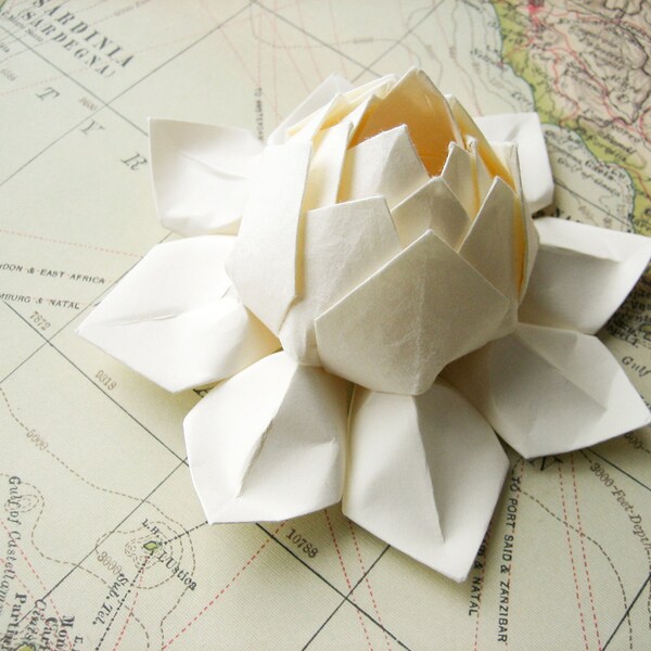Lotus Flower - Handmade Origami Paper Flower - All Ivory - Wedding Cake Topper, Table Decoration, Confirmation, Baptism, Holiday Decor