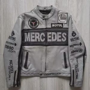 Veste Nascar vintage Mercedes Benz F1 Racing en cuir véritable gris pour homme, veste de motard de course AMG Formula 1 Racing Y2K pour homme