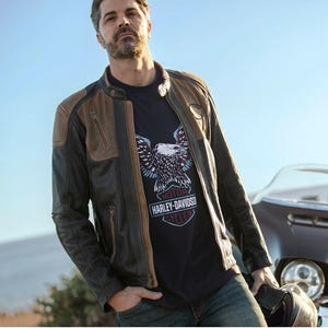 Nouveau blouson en cuir de moto Harley Davidson pour homme marron effet vieilli Trostel triple ventilation H-D, motard, cadeau parfait pour lui.