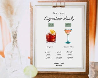 Op de afbeelding: Een printbaar bruiloft-barmenu met een aquarel-illustratie van een Negroni en een Cosmopolitan-cocktail. Het menu vermeldt de signature-drankjes voor de bruid en bruidegom, samen met wijn-, bier- en sterke drankopties. De tekst onderaan luidt "Sophia + Josh 8.31.2025".