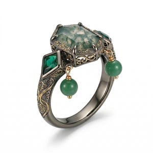 Pode incluir: Anel cinza escuro com uma grande pedra verde musgo facetada no centro. O anel apresenta pedras verde-esmeralda menores e contas verdes penduradas. Intrincados desenhos de filigrana dourada e nós celtas adornam a banda.