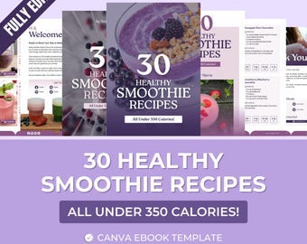 Plantilla Canva de 30 recetas de batidos: libro electrónico PLR editable (menos de 350 calorías, descarga digital)