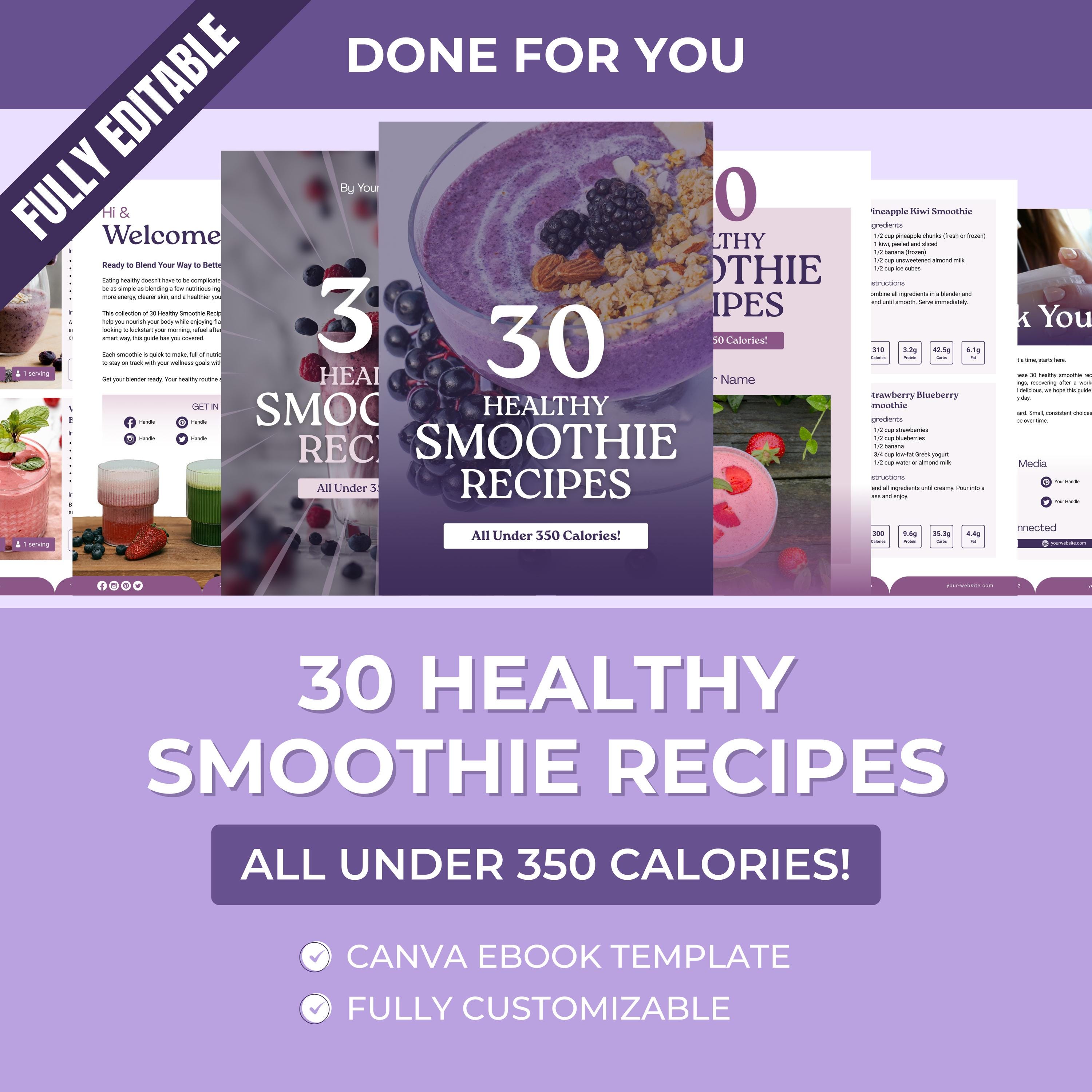 30 Smoothie Recipes Canva Template | Under 350 Calories | Editable PLR eBook | Digital Recipe Guide for Coaches & Wellness Brands