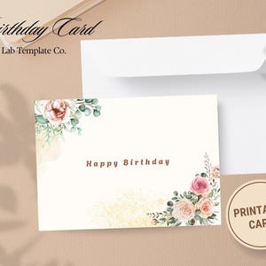 Printable Birthday Card | Floral Happy Birthday Card | Digital Download Greeting Card | Print at Home Card for Her, Instant Download