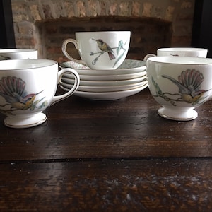 Wedgwood Humming bird Cups Saucers Bone China Made in England Set of 5 Cups with Saucers High Tea Afternoon Tea Sets Birds Dinnerware