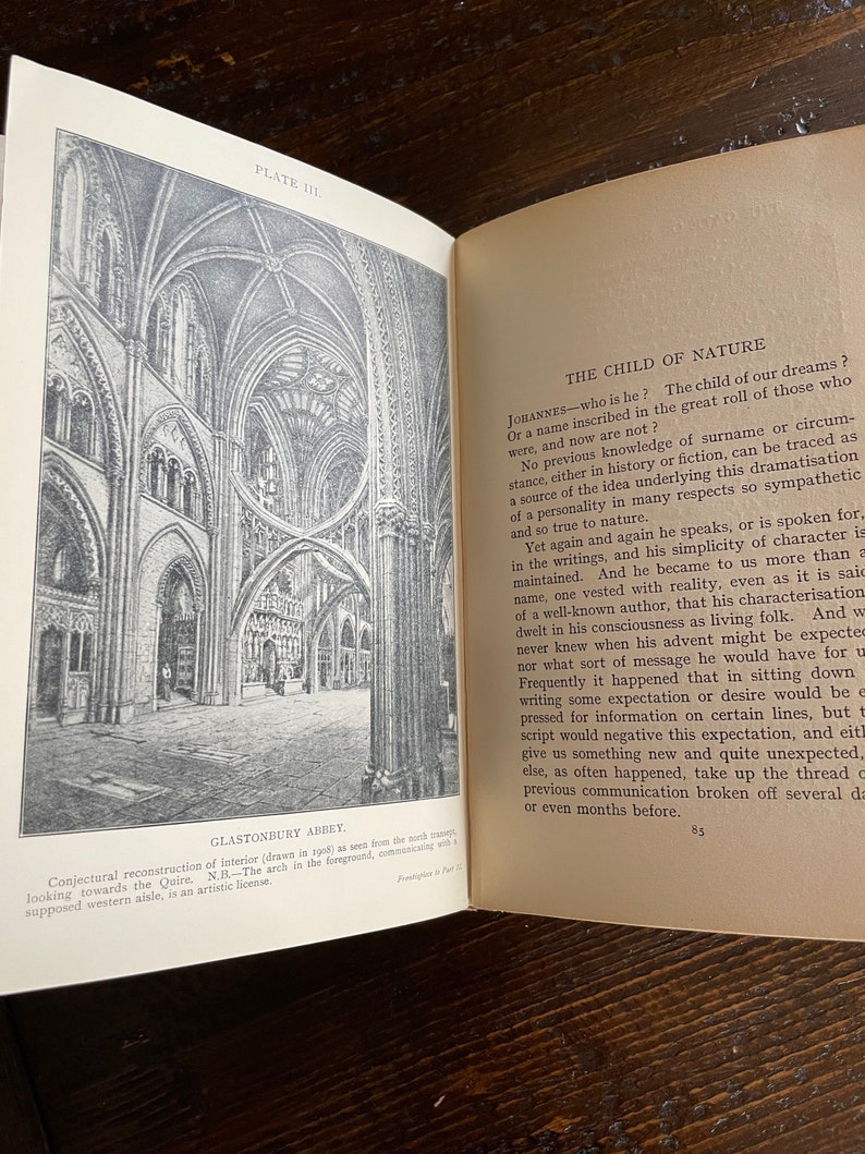May include: An open book displays a detailed black and white illustration of Glastonbury Abbey's interior. The opposite page features text titled "The Child of Nature." The image is a historical architectural drawing.