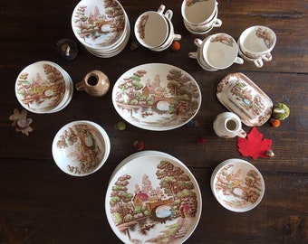 Thanksgiving Dinnerware Nasco Holiday 63 PC Dinnerware Set Vintage Nasco Holiday Japan Mix n Match Holiday Pattern Rustic Lodge Cottage Core