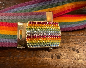 Vintage Rainbow Bejeweled Military Style  Buckle Belt Rainbow Belt Festival Rainbow Belt