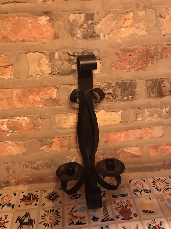 Forged Black Iron Dual Candle Sconce Holder Wrought