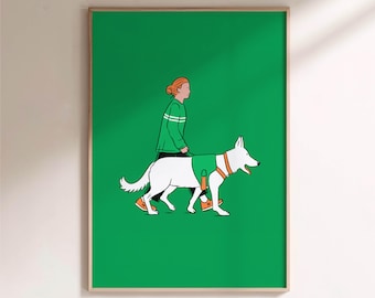 Dog Walker: digitale kunstafdruk van een vrouw die met haar hond wandelt in Brooklyn