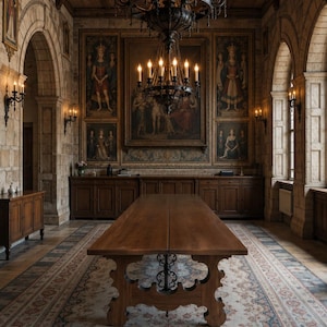 Op de afbeelding: Een ruime eetkamer met een lange houten tafel en een sierlijke kroonluchter. De kamer heeft stenen muren, gewelfde deuren en grote schilderijen. De vloer is bedekt met een patroonkleed, wat een klassieke, elegante sfeer creëert.